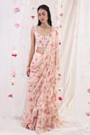 Esha Koul_Pink Georgette Printed Floral Motifs Scoop Neck Ruffle Saree With Blouse _Online_at_Aza_Fashions