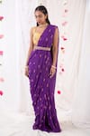 Buy_Esha Koul_Purple Georgette Embroidered Mirror Work U Neck Saree And Blouse _at_Aza_Fashions