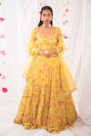 Buy_Esha Koul_Yellow Organza, Georgette, Semi Crepe Printed Corset Anarkali With Dupatta_at_Aza_Fashions