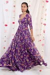 Buy_Esha Koul_Purple Georgette Printed Floral Motifs V Neck Anarkali With Dupatta _at_Aza_Fashions