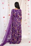 Shop_Esha Koul_Purple Georgette Printed Floral Motifs V Neck Anarkali With Dupatta _at_Aza_Fashions