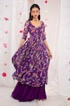 Buy_Esha Koul_Purple Georgette Printed Floral Motifs V Neck Anarkali Sharara Set _at_Aza_Fashions