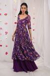 Shop_Esha Koul_Purple Georgette Printed Floral Motifs V Neck Anarkali Sharara Set _at_Aza_Fashions