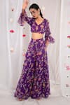 Buy_Esha Koul_Purple Georgette Printed Floral Motifs V Neck Pant And Crop Top Set _at_Aza_Fashions