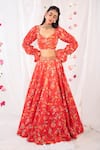 Buy_Esha Koul_Red Gajji Satin Printed Floral Motifs V Neck Blouse And Lehenga Set _at_Aza_Fashions