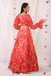 Shop_Esha Koul_Red Gajji Satin Printed Floral Motifs V Neck Blouse And Lehenga Set _at_Aza_Fashions