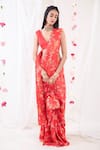 Buy_Esha Koul_Red Gajji Satin Printed Floral Motifs Plunge V Pre-draped Saree With Blouse _at_Aza_Fashions