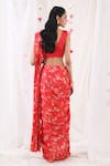 Shop_Esha Koul_Red Gajji Satin Printed Floral Motifs Plunge V Pre-draped Saree With Blouse _at_Aza_Fashions