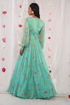 Shop_Esha Koul_Green Georgette Printed Floral Motifs V Jacket Anarkali And Skirt Set _at_Aza_Fashions