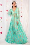 Esha Koul_Green Georgette Printed Floral Motifs V Jacket Anarkali And Skirt Set _Online_at_Aza_Fashions