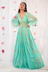 Buy_Esha Koul_Green Georgette Printed Floral Motifs V Jacket Anarkali And Skirt Set _Online_at_Aza_Fashions
