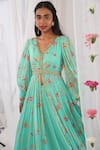 Shop_Esha Koul_Green Georgette Printed Floral Motifs V Jacket Anarkali And Skirt Set _Online_at_Aza_Fashions
