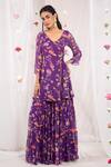 Esha Koul_Purple Georgette Printed Floral Motifs V Neck Angarkha Sharara Set _Online_at_Aza_Fashions