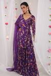 Buy_Esha Koul_Purple Georgette Printed Floral Motifs V Neck Angarkha Sharara Set _at_Aza_Fashions