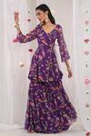 Buy_Esha Koul_Purple Georgette Printed Floral Motifs V Neck Angarkha Sharara Set _Online_at_Aza_Fashions