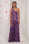 Esha Koul_Purple Georgette Printed Floral Motifs One Shoulder Draped Jumpsuit _Online_at_Aza_Fashions