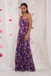 Shop_Esha Koul_Purple Georgette Printed Floral Motifs One Shoulder Draped Jumpsuit _Online_at_Aza_Fashions