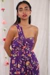 Esha Koul_Purple Georgette Printed Floral Motifs One Shoulder Draped Jumpsuit _at_Aza_Fashions