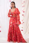 Buy_Esha Koul_Red Georgette, Gajji Satin, Semi Crepe Floral Motifs Print Top And Sharara Set_at_Aza_Fashions