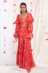 Shop_Esha Koul_Red Georgette, Gajji Satin, Semi Crepe Floral Motifs Print Top And Sharara Set_at_Aza_Fashions