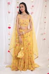 Buy_Esha Koul_Yellow Organza, Georgette, Semi Crepe Floral Motifs Scoop Neck Print Sharara Set _at_Aza_Fashions
