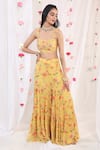 Shop_Esha Koul_Yellow Organza, Georgette, Semi Crepe Floral Motifs Scoop Neck Print Sharara Set _at_Aza_Fashions