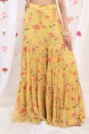 Esha Koul_Yellow Organza, Georgette, Semi Crepe Floral Motifs Scoop Neck Print Sharara Set _at_Aza_Fashions