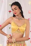 Buy_Esha Koul_Yellow Gajji Satin, Semi Crepe Floral Motifs V Neck Embroidered Blouse _at_Aza_Fashions