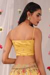 Shop_Esha Koul_Yellow Gajji Satin, Semi Crepe Floral Motifs V Neck Embroidered Blouse _at_Aza_Fashions