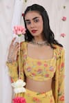 Shop_Esha Koul_Yellow Chanderi, Semi Crepe Floral Motifs U Neck Embroidered Blouse _at_Aza_Fashions