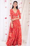 Buy_Esha Koul_Red Georgette Printed Floral Motifs Plunge V Neck Anarkali With Dupatta _at_Aza_Fashions