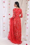 Shop_Esha Koul_Red Georgette Printed Floral Motifs Plunge V Neck Anarkali With Dupatta _at_Aza_Fashions