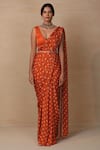 Esha Koul_Orange Modal Satin V Neck Printed Pre-draped Saree With Blouse For Women_Online_at_Aza_Fashions