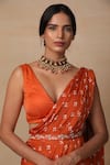 Esha Koul_Orange Modal Satin V Neck Printed Pre-draped Saree With Blouse For Women_at_Aza_Fashions