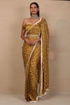 Buy_Esha Koul_Yellow Modal Satin Sweetheart Neck Printed Pre-draped Saree Set _at_Aza_Fashions