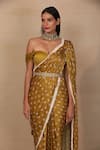 Shop_Esha Koul_Yellow Modal Satin Sweetheart Neck Printed Pre-draped Saree Set _at_Aza_Fashions