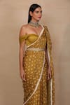 Esha Koul_Yellow Modal Satin Sweetheart Neck Printed Pre-draped Saree Set _at_Aza_Fashions