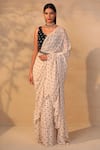 Buy_Esha Koul_White Georgette V Neck Printed Ruffle Saree With Blouse _at_Aza_Fashions