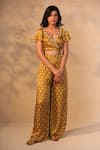 Esha Koul_Yellow Modal Satin V Neck Printed Pant Set _Online_at_Aza_Fashions