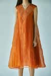 Shop_Ek Katha_Orange Pure Silk Organza V Neck Dress  _Online_at_Aza_Fashions