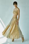 Ek Katha_Gold Tissue Chanderi Sweetheart Neck Colorblock Skirt Set _Online_at_Aza_Fashions