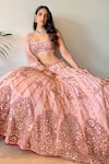 Buy_Neha Khullar_Peach Net Embroidery Mirror Square Neck Bridal Lehenga Set _at_Aza_Fashions