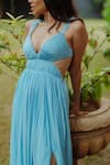 Buy_Pinup By Astha_Blue Flat Chiffon Plunge V Neck Elinor Ruched Cut-out Gown _Online_at_Aza_Fashions