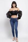 Emblaze_Black Satin Embroidery One Shoulder Off Corset Top_Online_at_Aza_Fashions