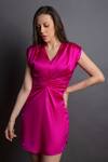 Emblaze_Pink Satin V Neck Ruched Dress _Online_at_Aza_Fashions