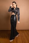 Emblaze_Black Satin Spread Collar Knotted Crop Top And Pant Set _Online_at_Aza_Fashions