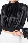 Emblaze_Black Satin Plain Shirred Band Neck Crop Top _Online_at_Aza_Fashions