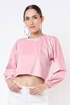 Emblaze_Pink Velvet Embellished Stone Round Neckline Crop Top_Online_at_Aza_Fashions