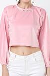Buy_Emblaze_Pink Velvet Embellished Stone Round Neckline Crop Top_Online_at_Aza_Fashions