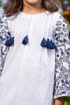 Shop_Littlecheer_White , Satin Tassels Dense Floral Sleeve Embroidered Dress _Online_at_Aza_Fashions